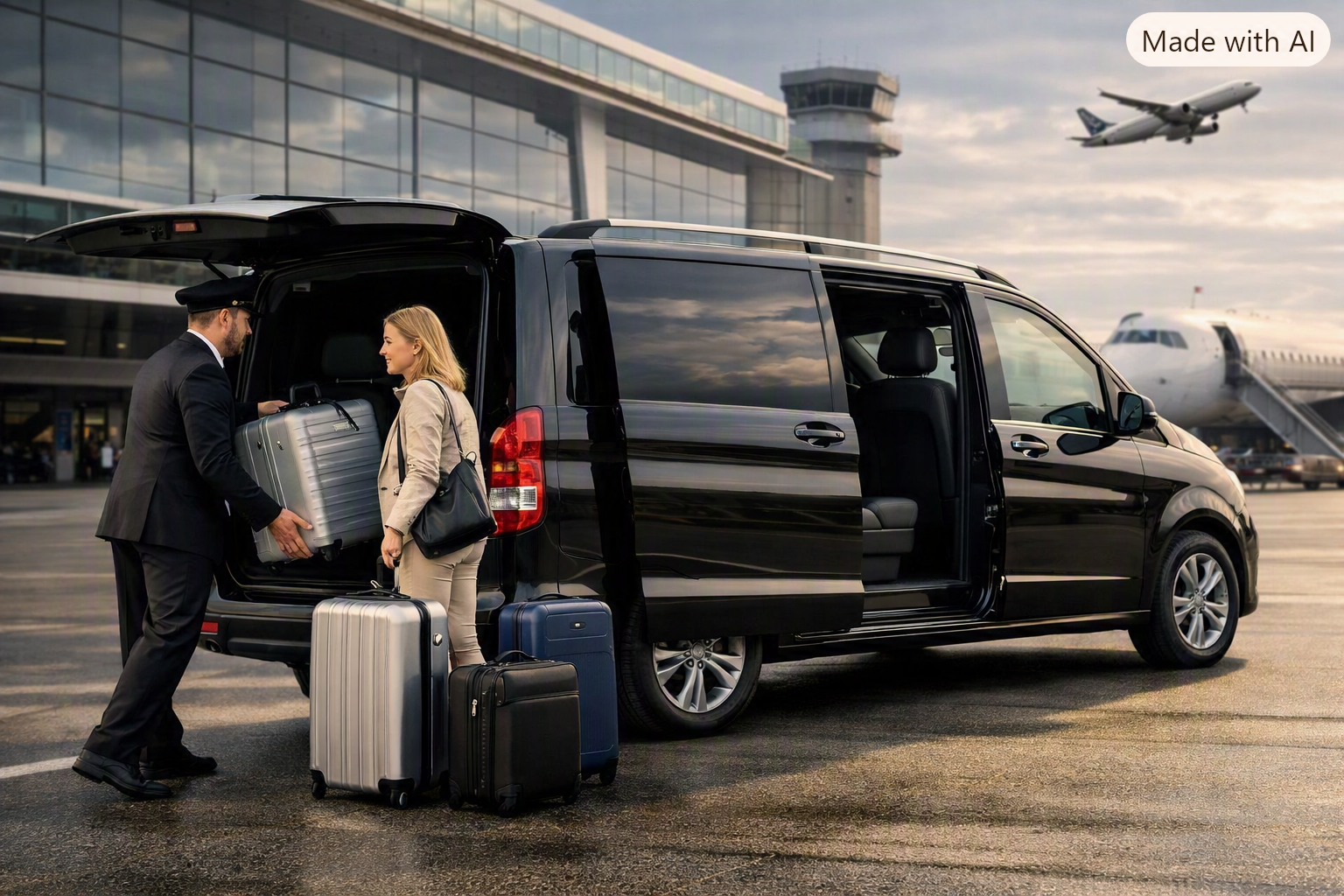 California airport transfer service with luxury van and chauffeur assisting passengers with luggage