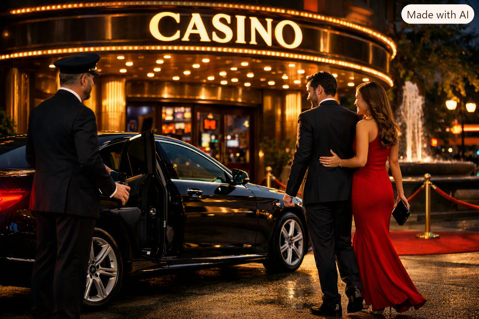 Casino car rental California with luxury sedan and chauffeur outside casino entrance at night