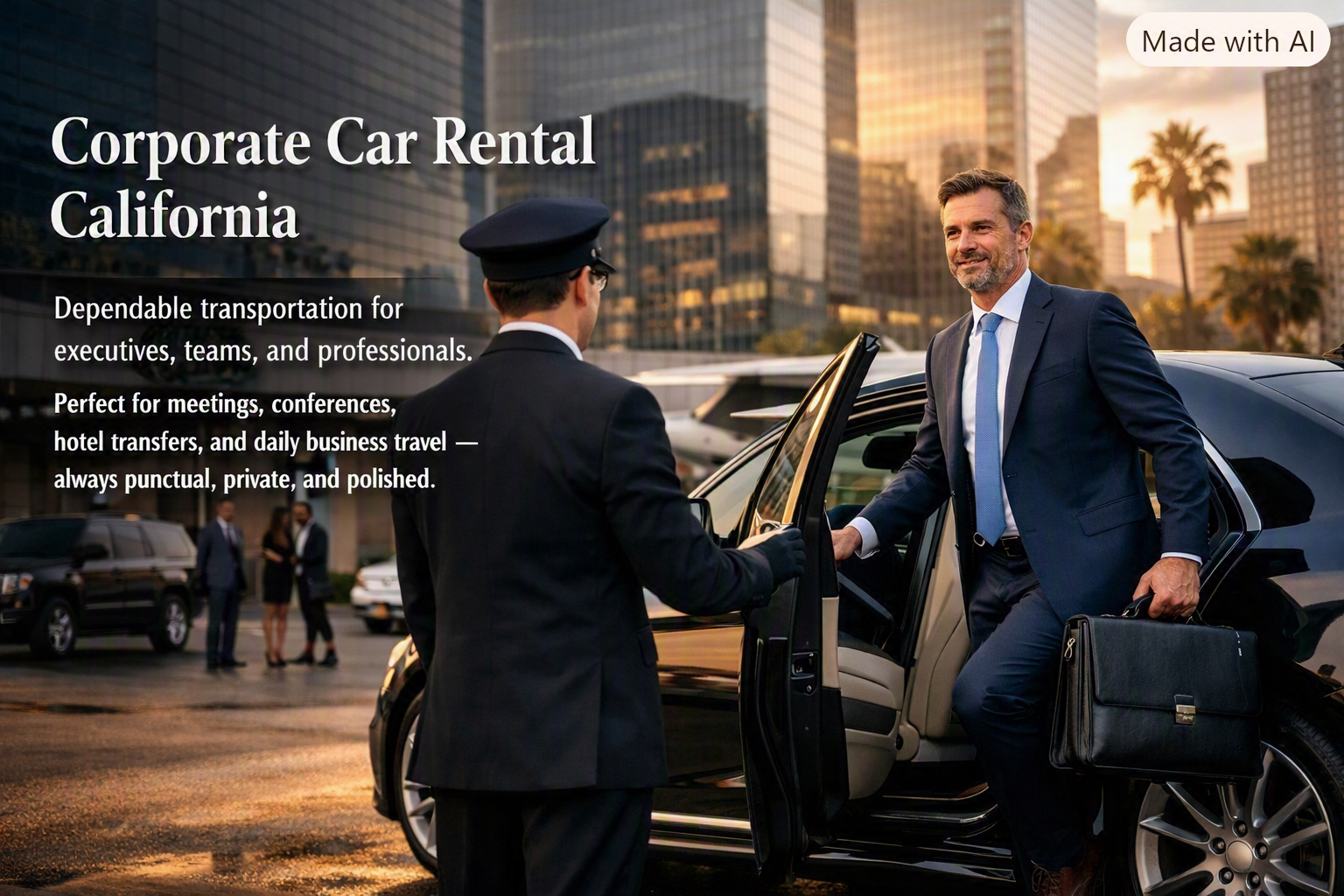 Corporate car rental California with luxury sedan and professional chauffeur for executives