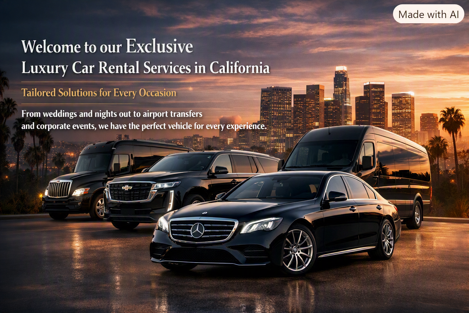 Luxury fleet of SUVs, sedans, vans, and buses for premium car rental services in California
