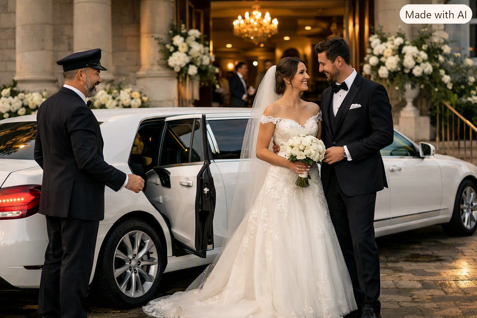 Wedding car rental California with white limousine and chauffeur outside an elegant wedding venue